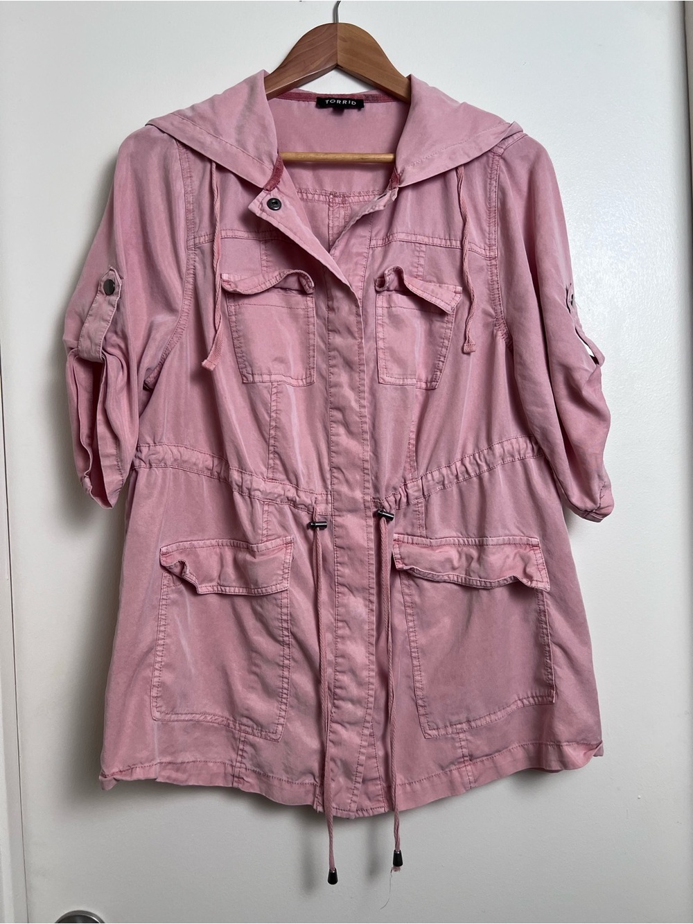 Torrid Pink Lyocell Tencel Utility Jacket Hooded Anorak Roll Tab Sleeves 00